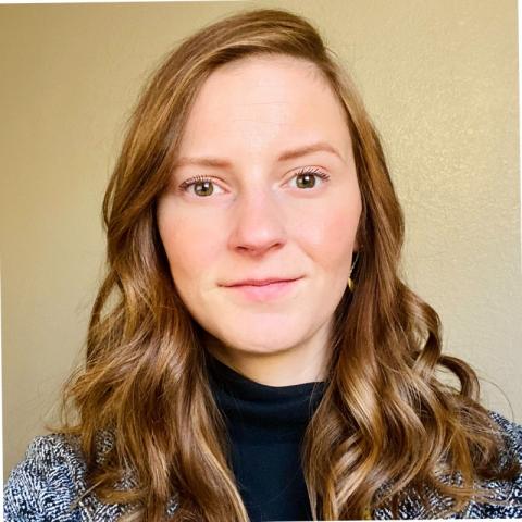 Picture of a woman with long light brown hair wearing a blue top. 